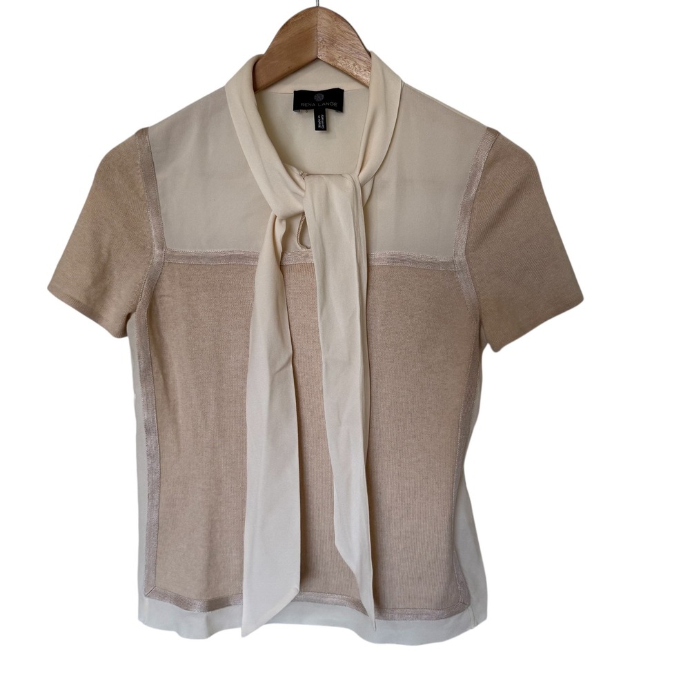 Rena Lange Cashmere Silk Tie Neck Short Sleeve Sweater Blouse  Bisquit Ivory S‎